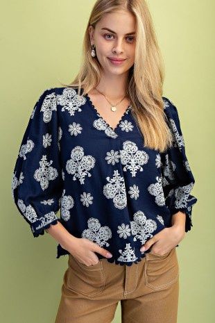 Melanie Puff Sleeve Printed Top - Navy