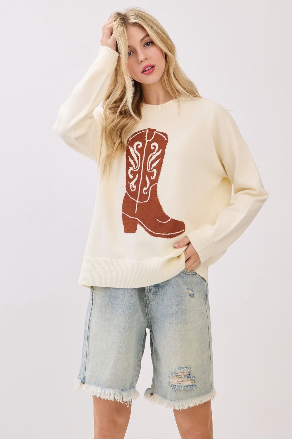 Cowboy Boot Sweater - CREAM