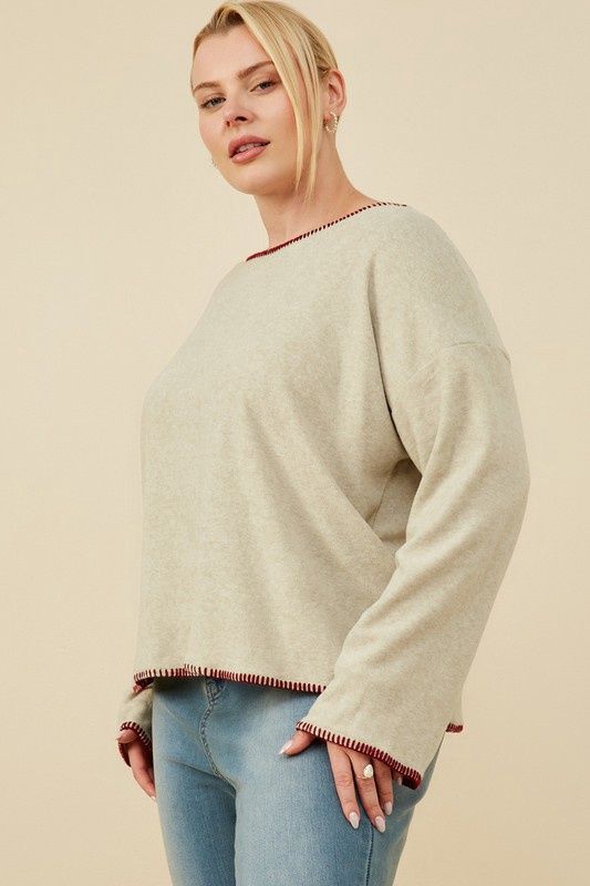 Plus Contrast Stitch Top - OATMEAL
