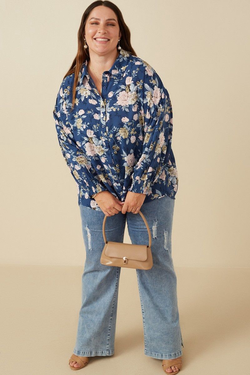 Plus Floral Smocked Cuff Shirt - NAVY