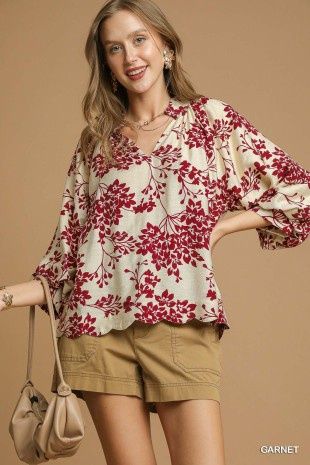 Print Scalloped Hem Blouse - GARNET