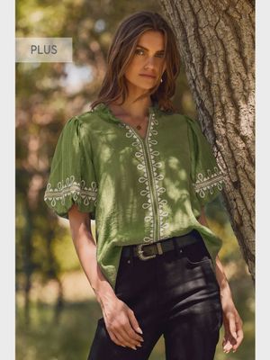 Plus Embroidered Detail Blouse - OLIVE