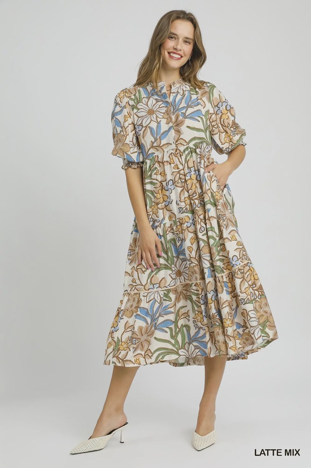 Thea Floral Tiered Midi Dress - LATTE MIX