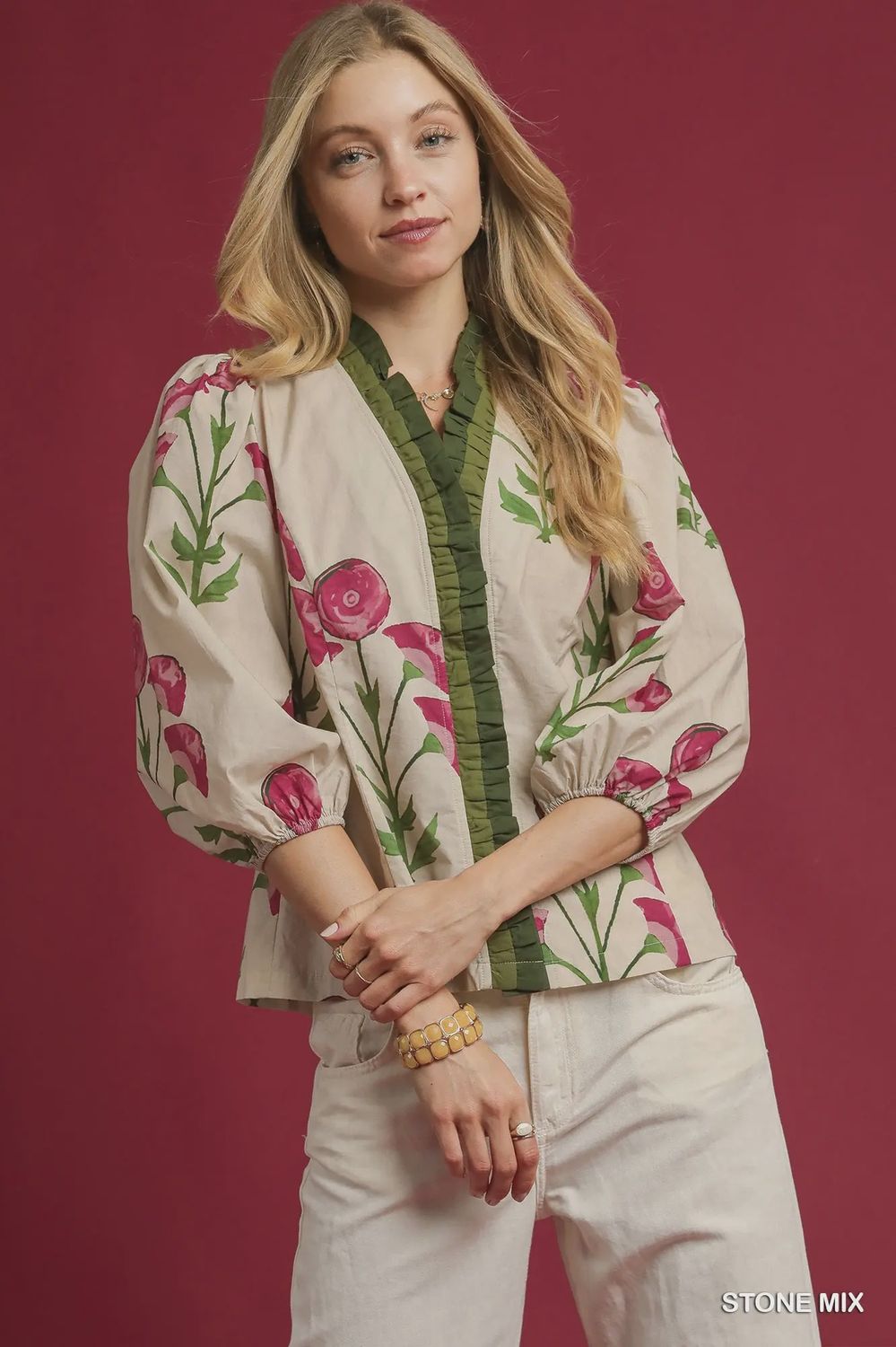 CeCe Floral Print Top - STONE