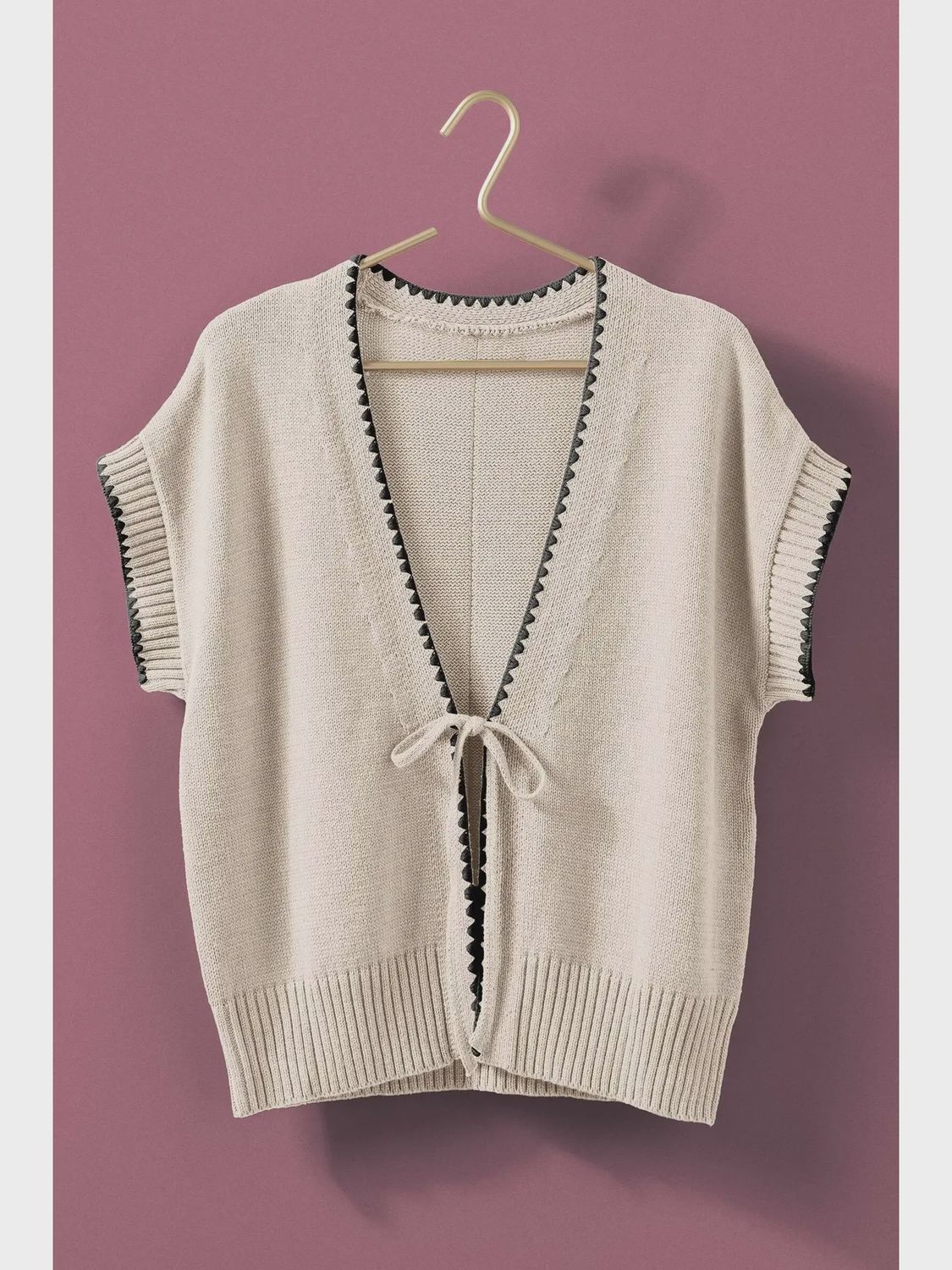 Crochet Trim Tie Front  Vest - IVORY