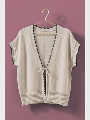 Crochet Trim Tie Front  Vest - IVORY