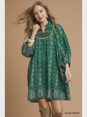 Boho Floral Smocked Dress - GREEN