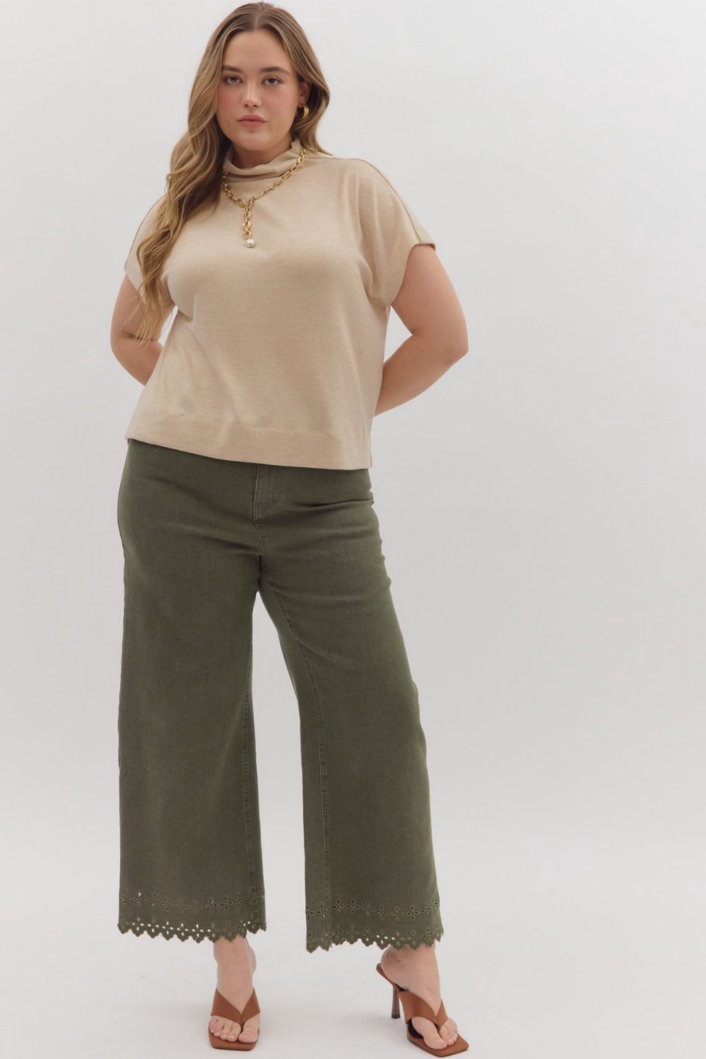 Plus Embroidered Hem Pants - OLIVE