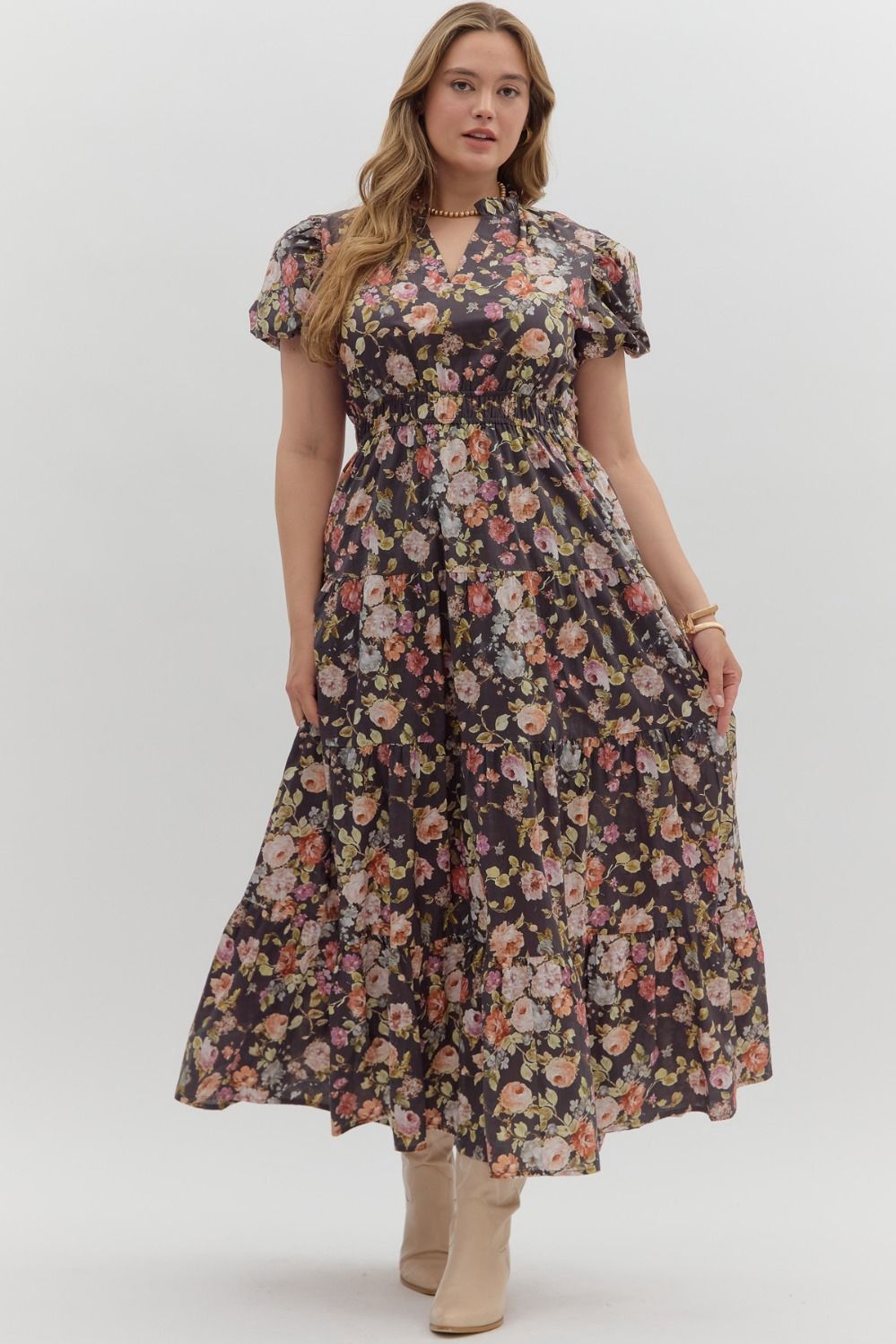 Plus Floral Print Midi Dress - CHOCOLATE