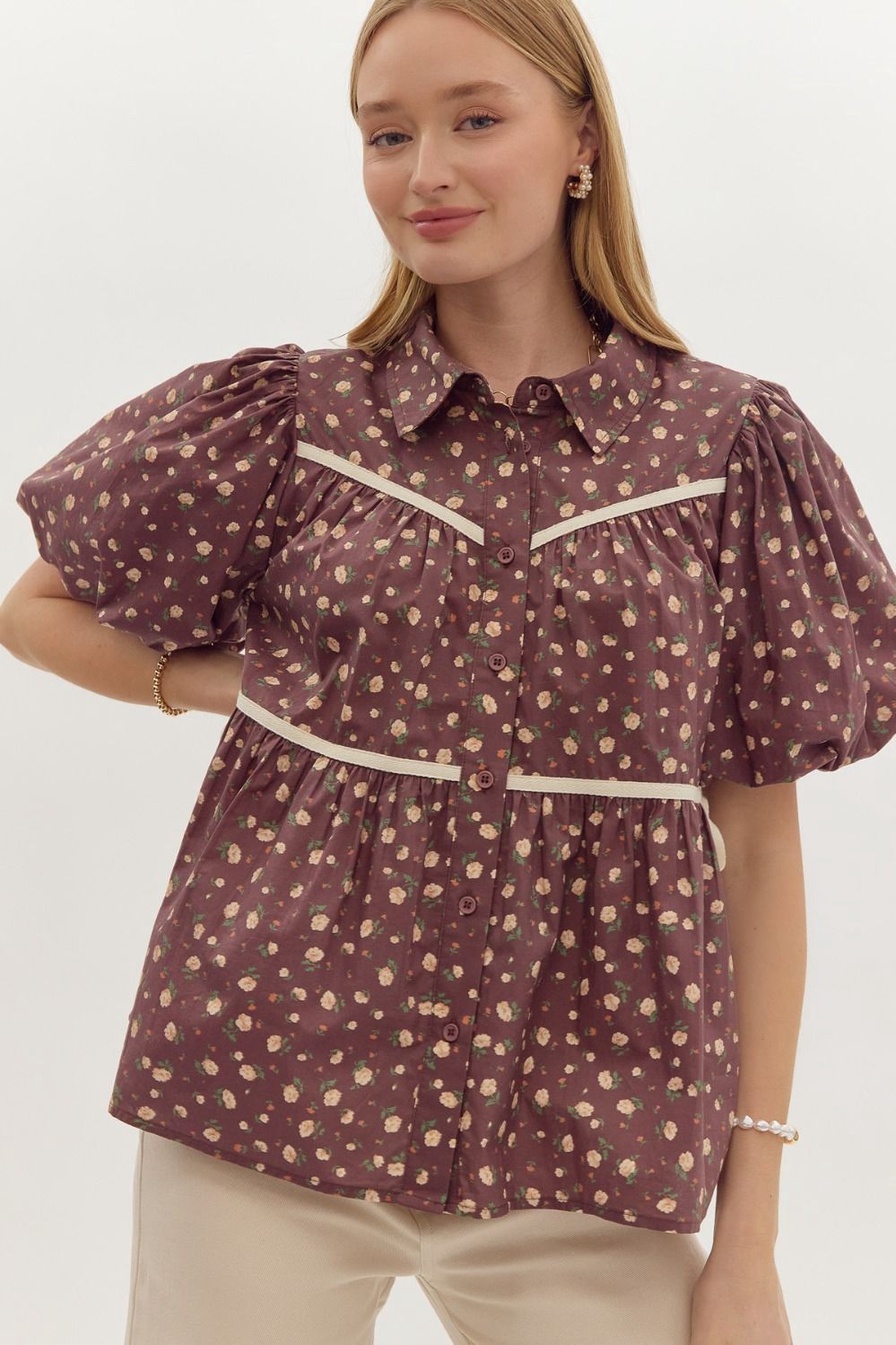Honey Floral Woven Top - CHOCOLATE