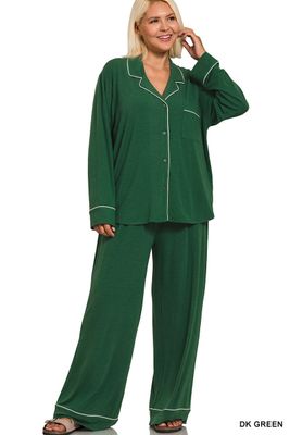 Plus Long Sleeve Pajama Set - DARK GREEN