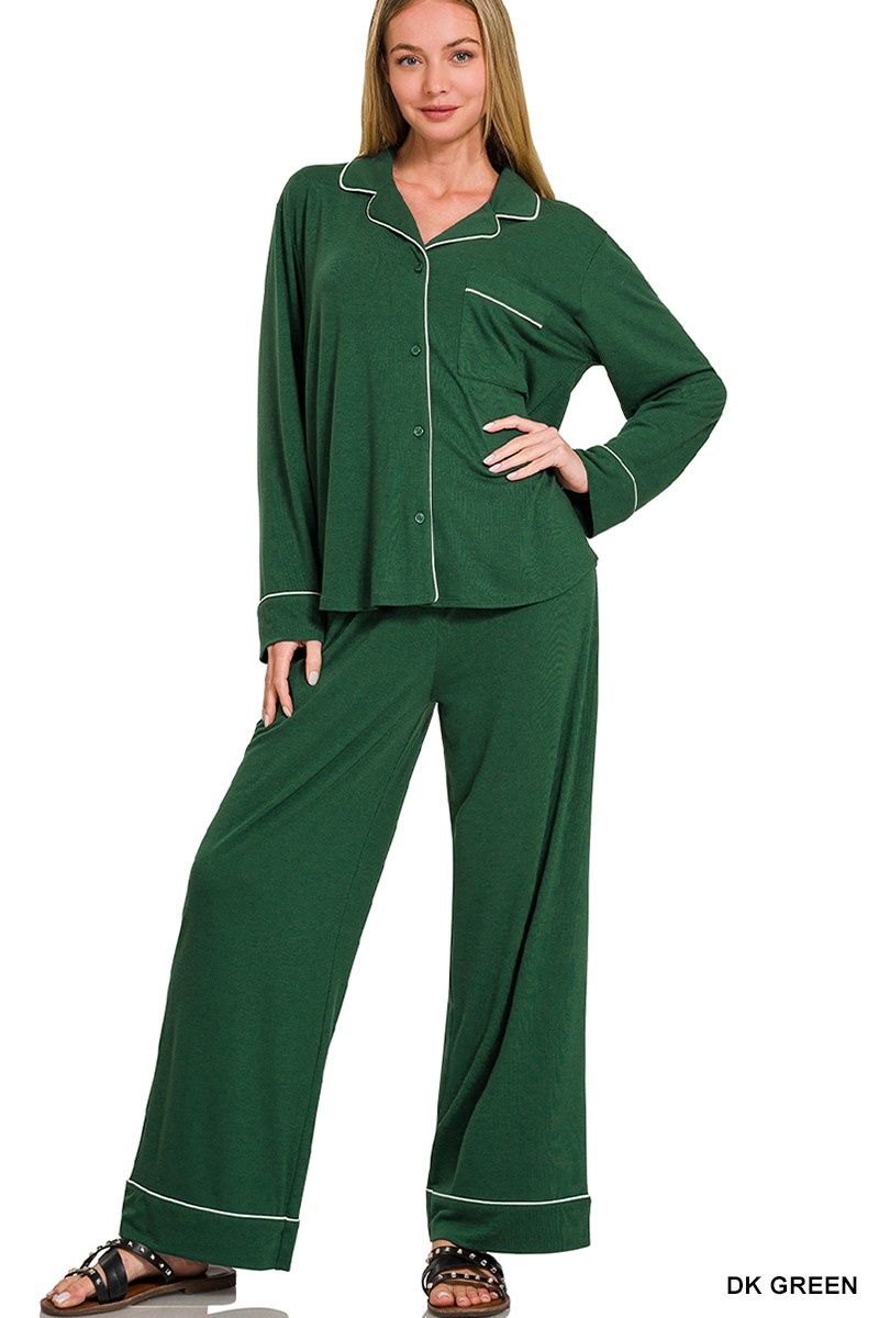 Long Sleeve Pajama Set - DARK GREEN