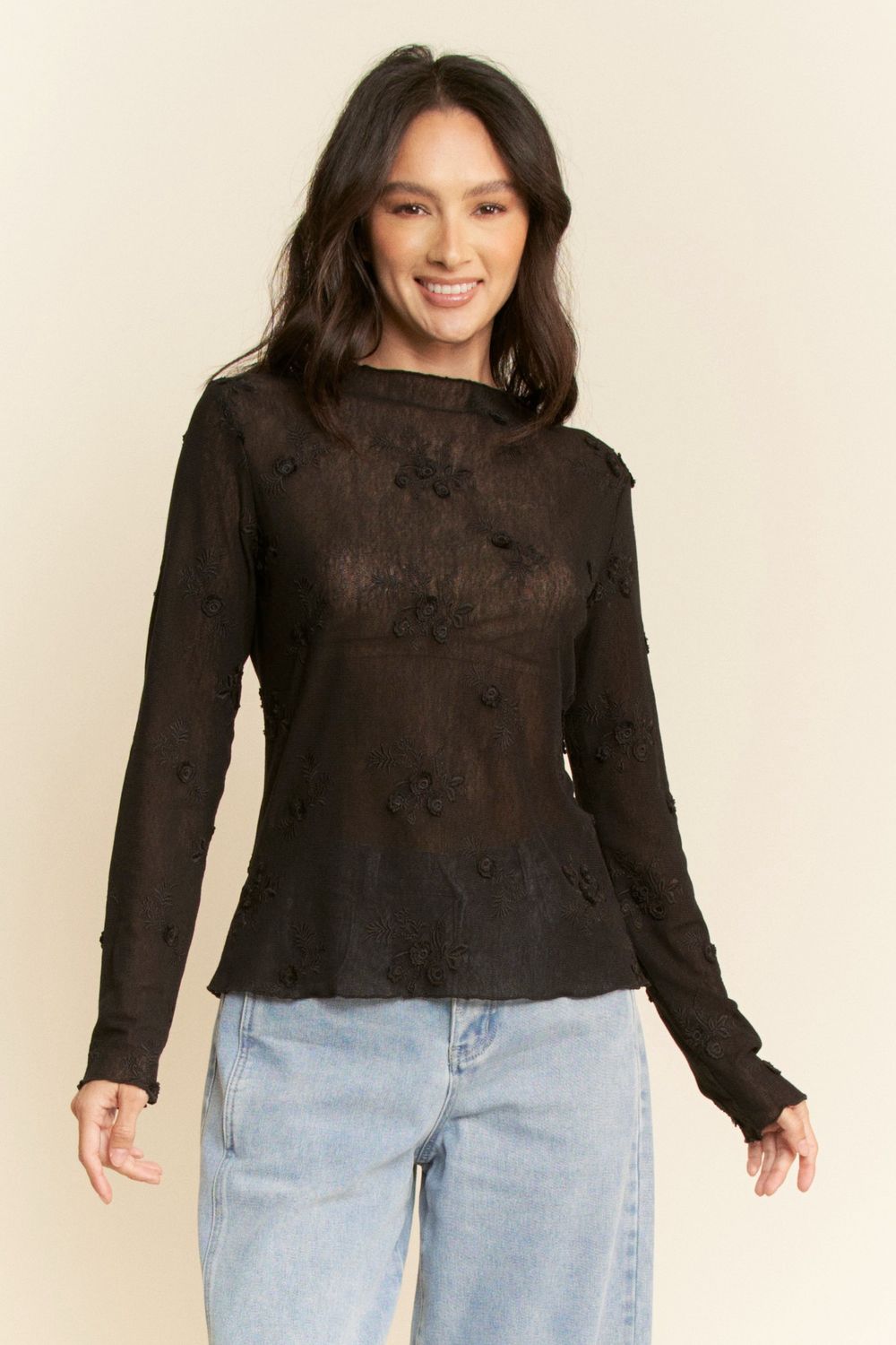 Floral Mesh Top - BLACK