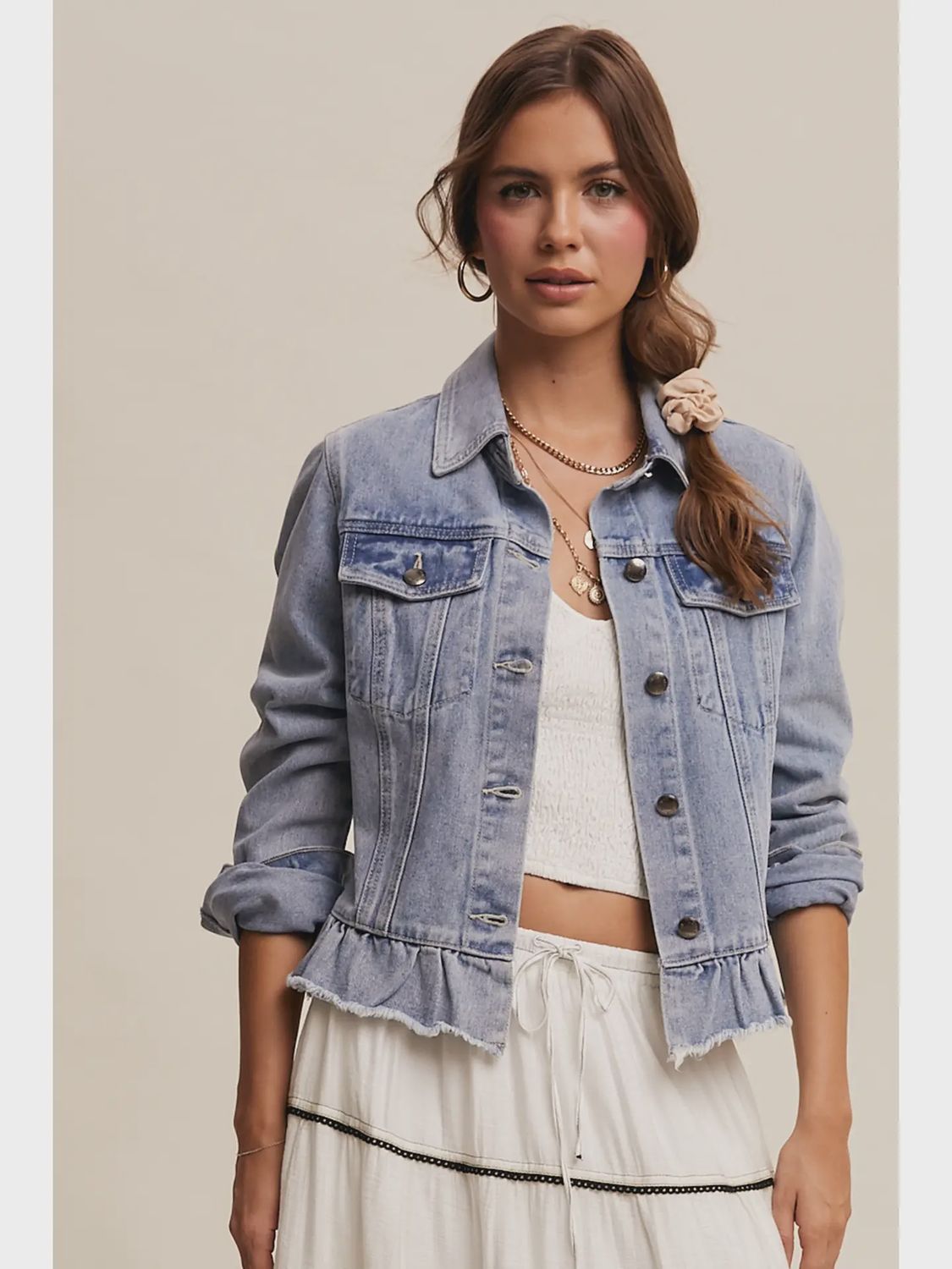 Ruffled Hem Denim Jacket