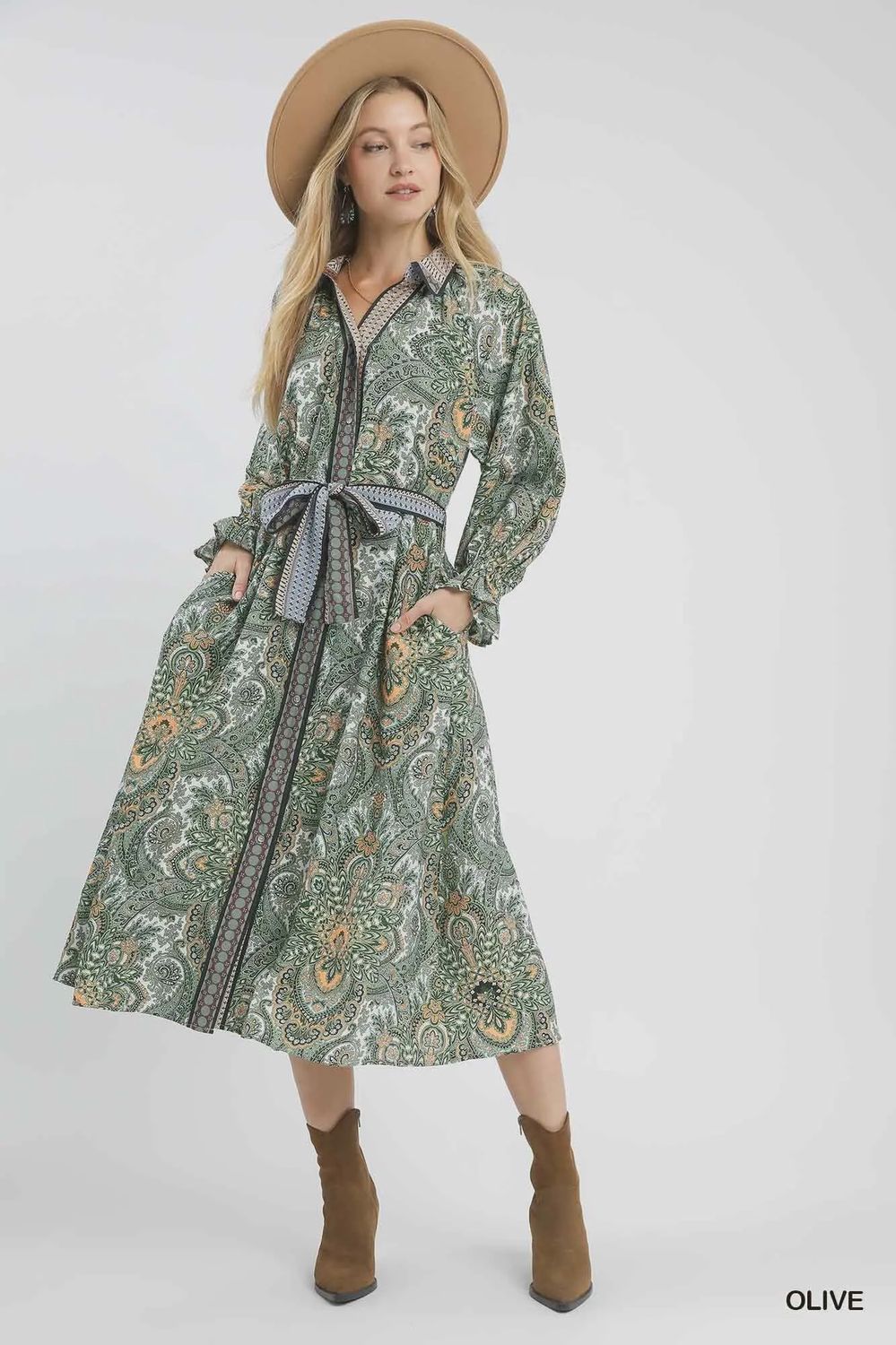 Paisley Midi Dress - OLIVE