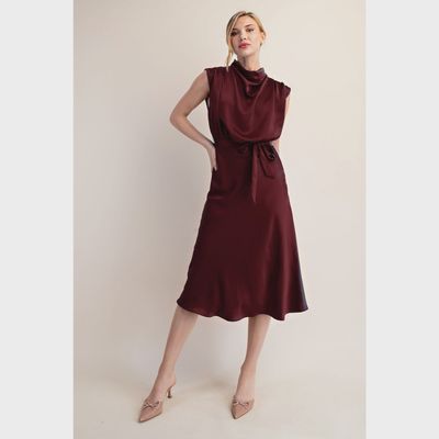 Cowl Neck Midi Dress  - BURGUNDY
