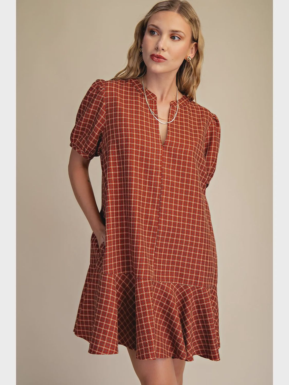 Katy Puff Sleeve Mini Dress - RUST