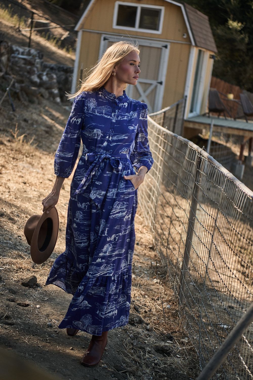 Country Toile Print Midi Dress - NAVY