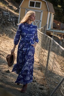 Country Toile Print Midi Dress - NAVY