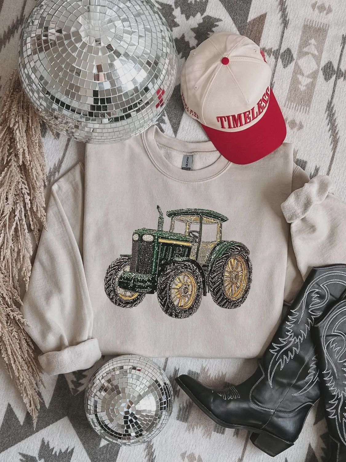Faux Rhinestone Tractor Sweatshirt