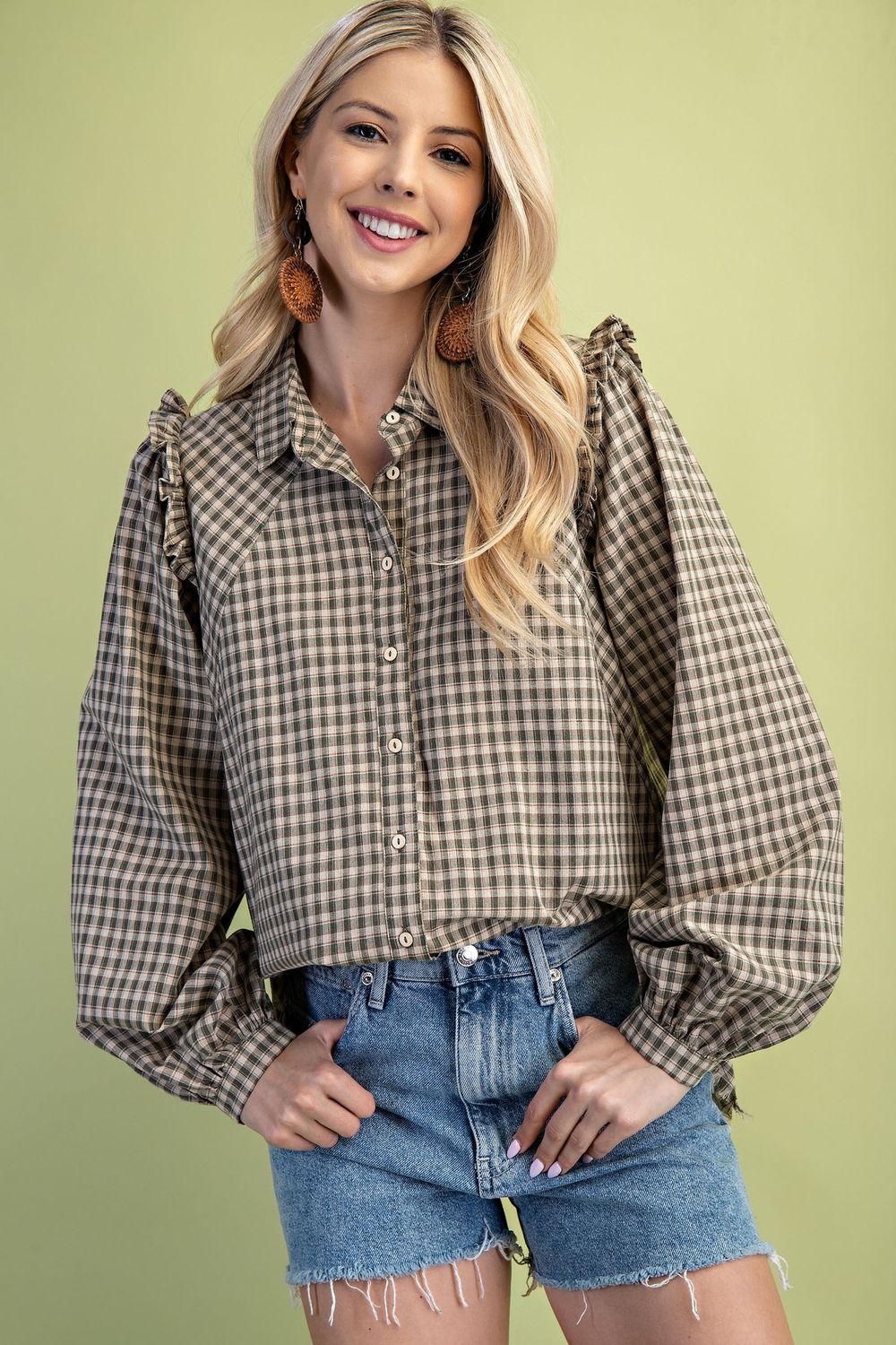 Kendra Plaid Button Down - OLIVE