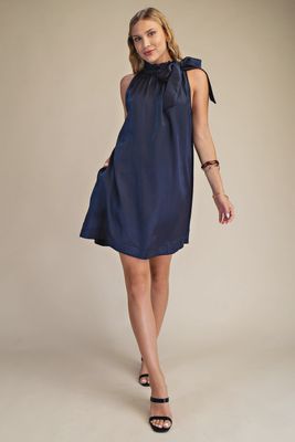 Ruffle Neck Tie  Sleeveless Mini Dress - NAVY