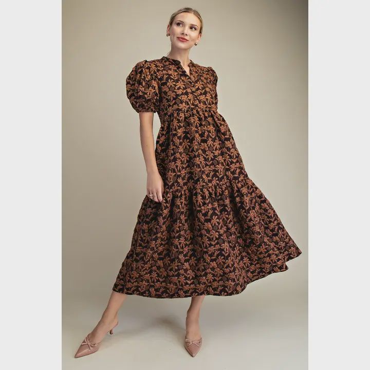 Jovie Puff Sleeve Midi Dress - BROWN