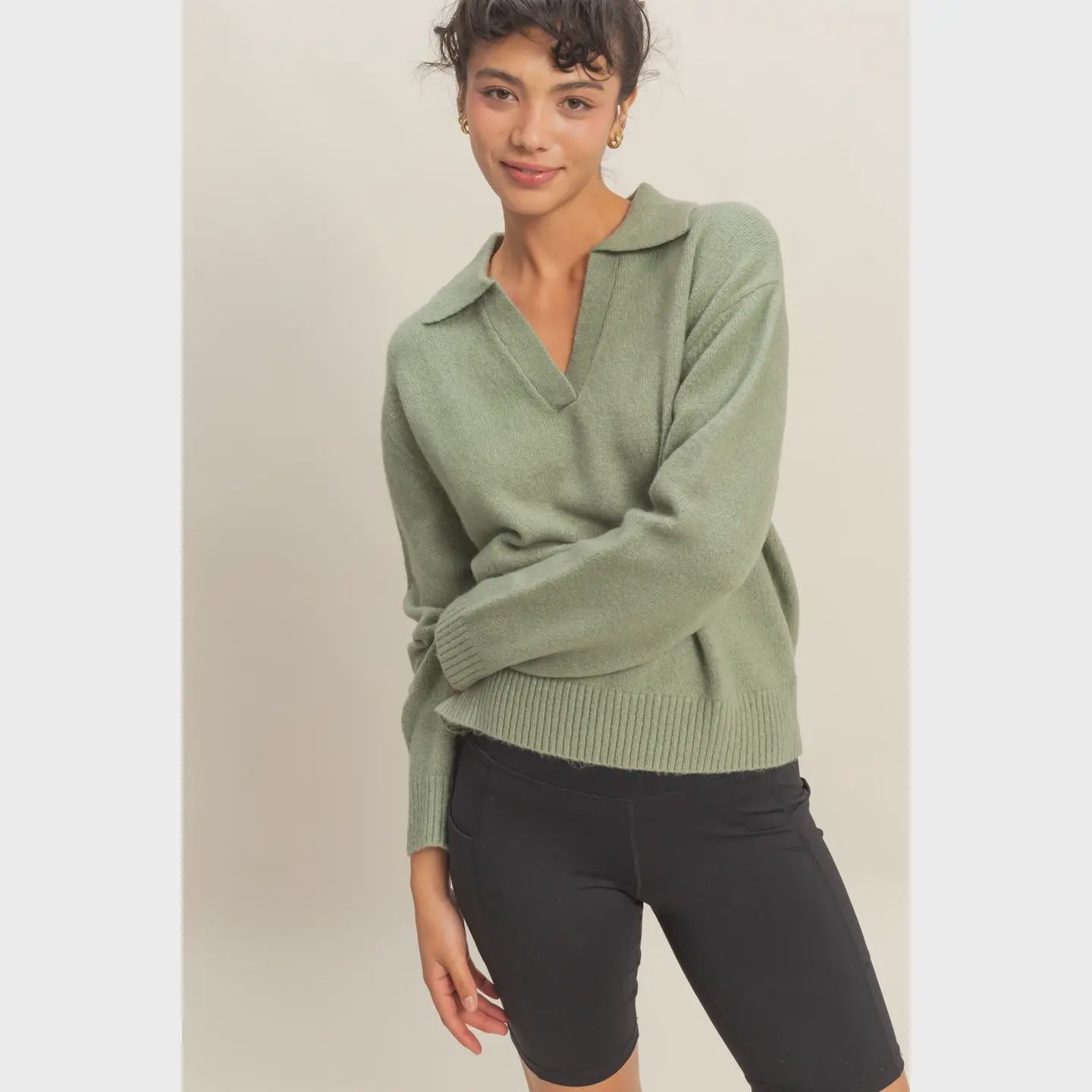 Collared V- Neck Sweater - SAGE GREEN