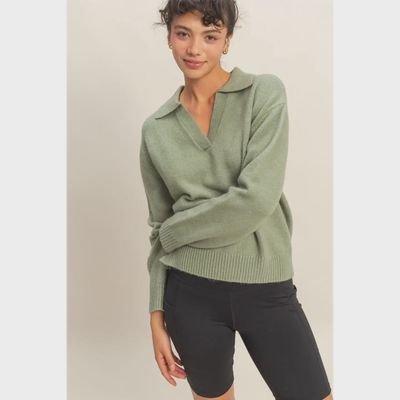 Collared V- Neck Sweater - SAGE GREEN