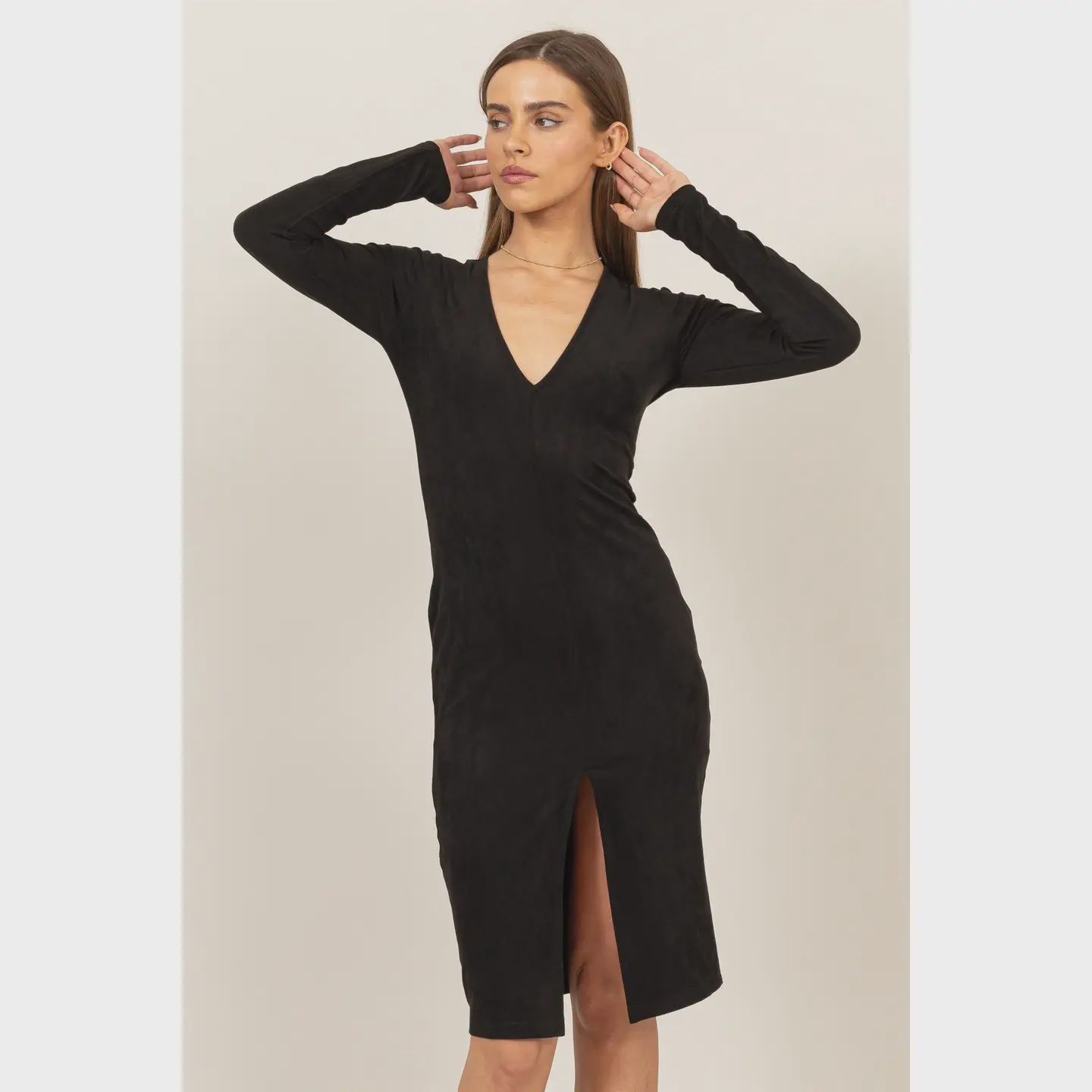 Suede Slit Midi Dress - BLACK