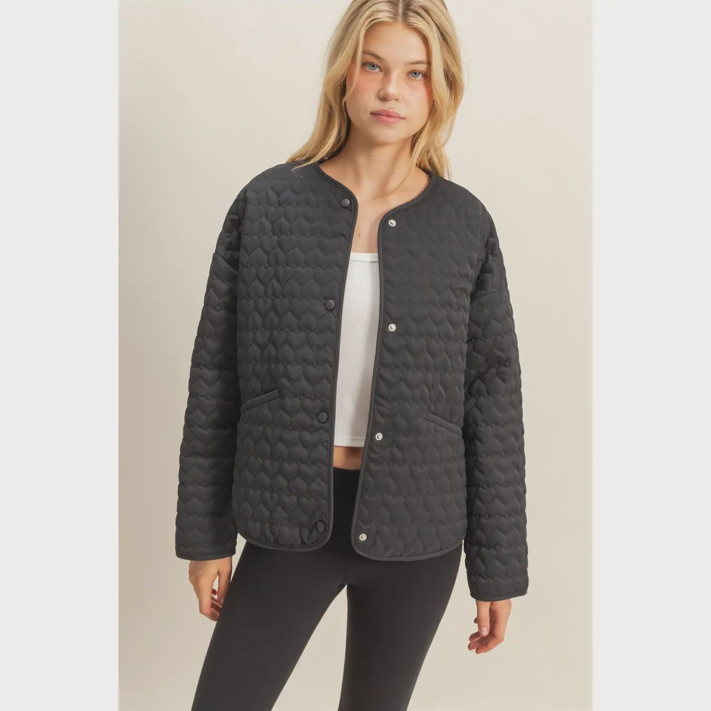 Quilted Snap Closure Jacket - BLACK