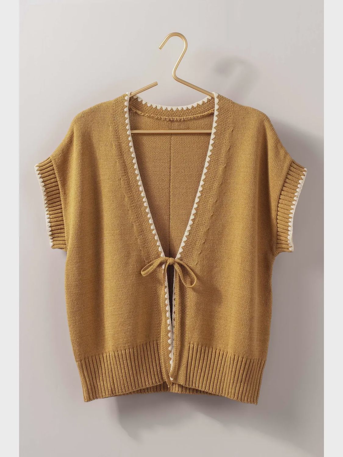 Crochet Trim Tie Front Vest - OCHRE