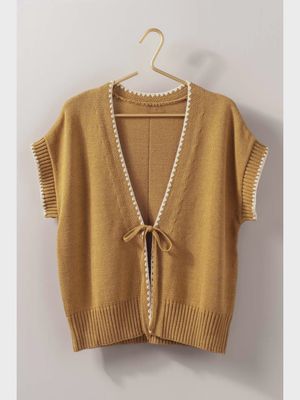 Crochet Trim Tie Front Vest - OCHRE