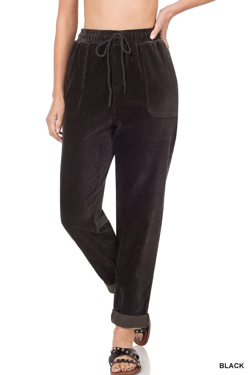 Corduroy Drawstring Cuffed Pants - BLACK