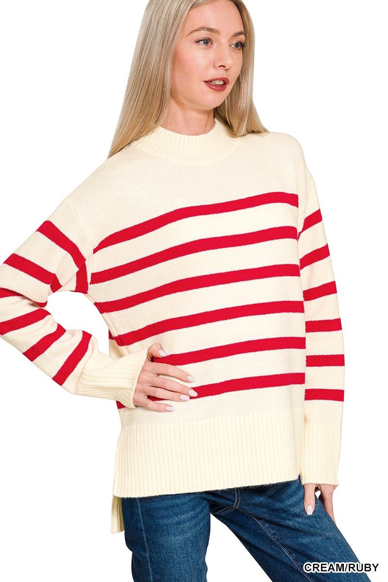 Striped Mock Neck Sweater - CREAM/RUBY