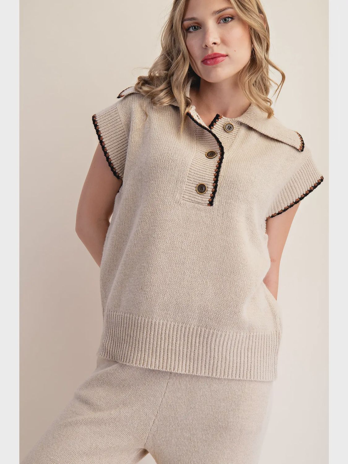 Colleen Stitched Sweater Top - BEIGE
