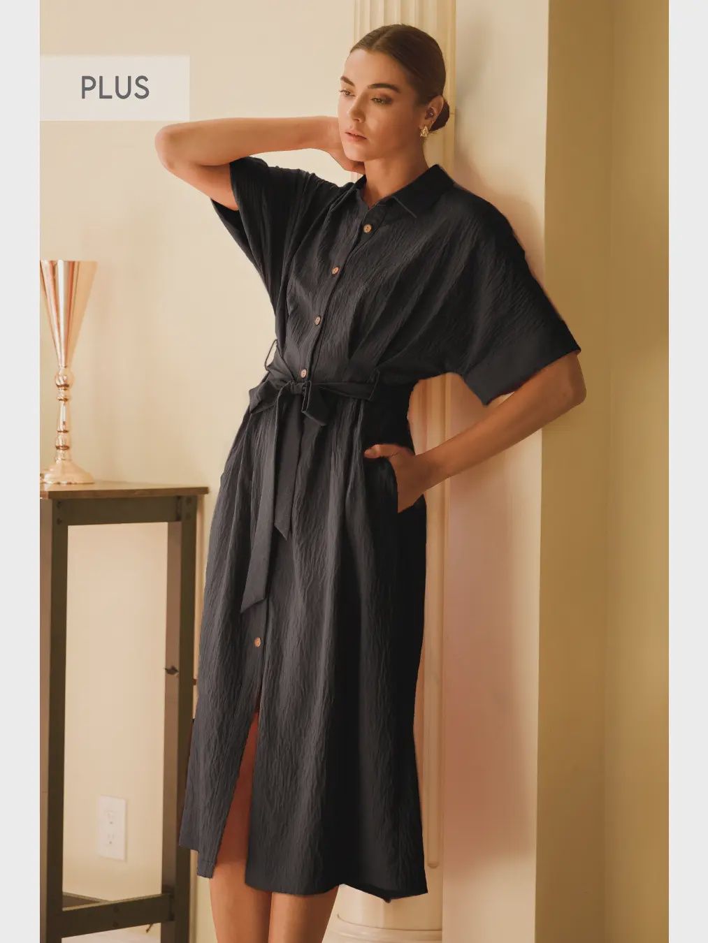 Plus Shirt Dress w/Belted Waist - BLACK