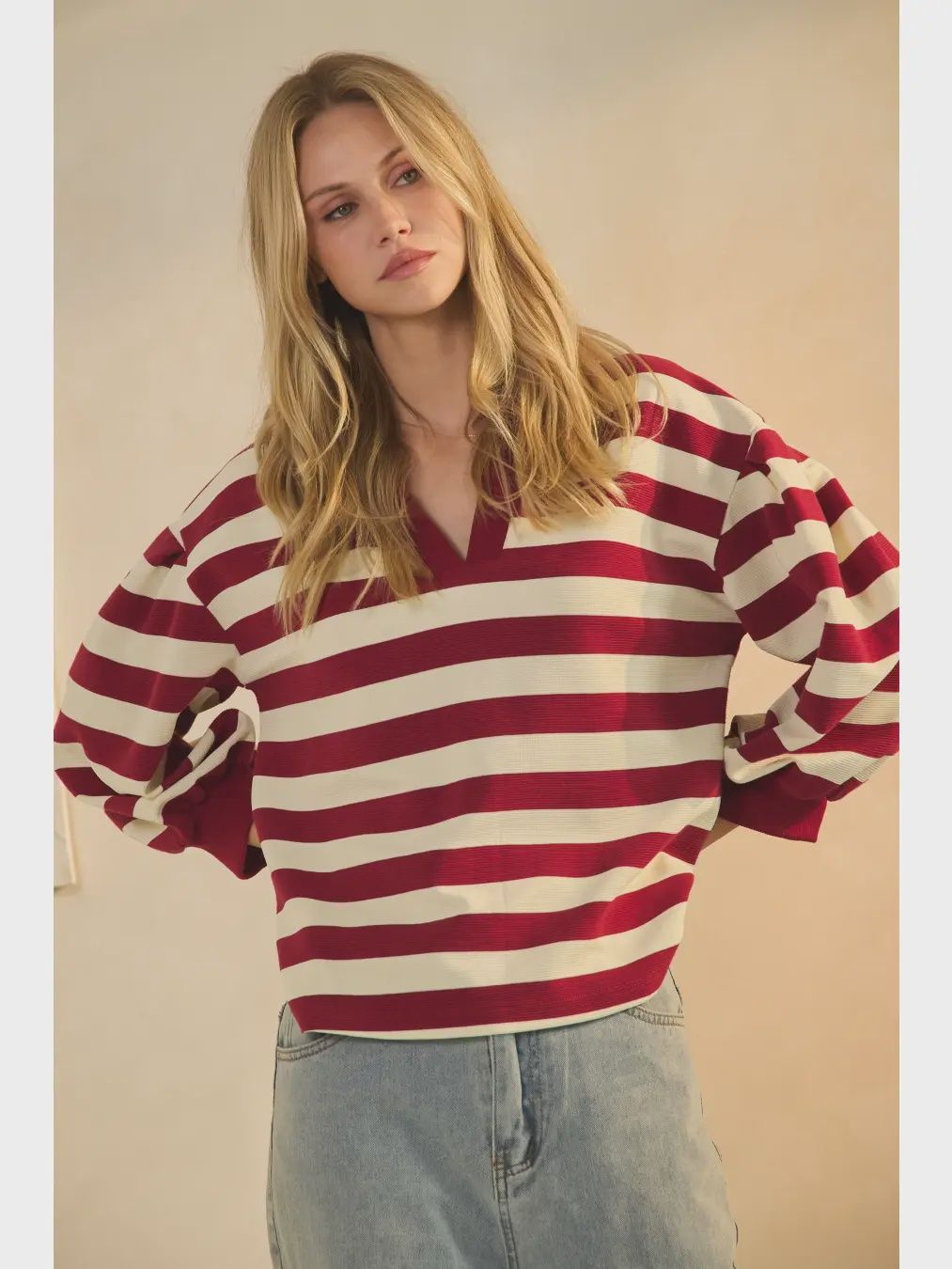 Plus Striped V-Neck Pullover - DK. RED
