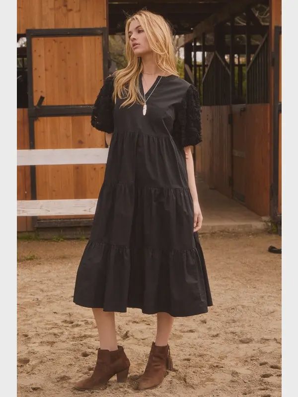 Poplin Tiered Midi Dress - BLACK