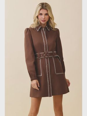 Contrast Whipstitch Dress - CHOCOLATE