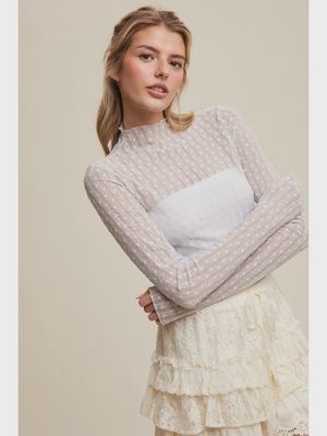 Sheer Textured Lace Mock Neck Top - MISTY BLUE