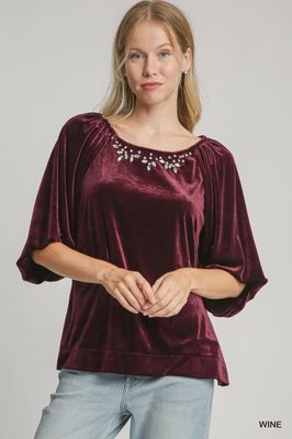 Velvet Round Neck Top - WINE
