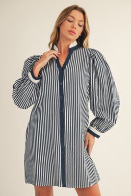 Ruffled Neckline Stripe Dress - DENIM