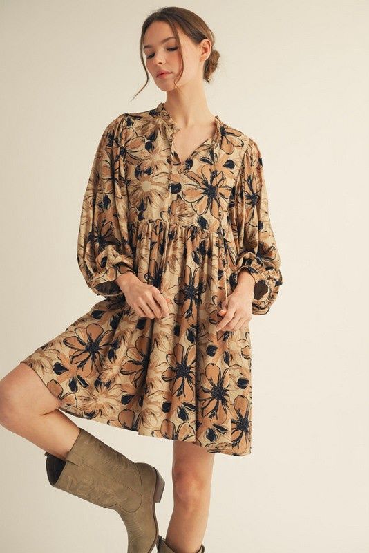 Floral Peasant Dress - TAUPE