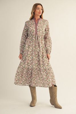 Tiered Floral Midi Dress - GREEN MIX