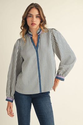 Ruffled Neckline Stripe Top - DENIM