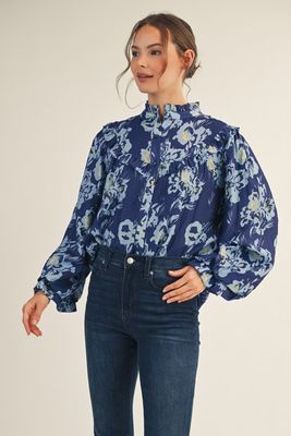 Ruffle Detail Floral Top - INK BLUE
