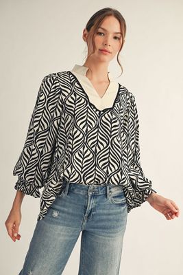 Boho Leaf print Top - BLACK