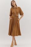 Tie Waist Contrast Stitch Dress - CAMEL