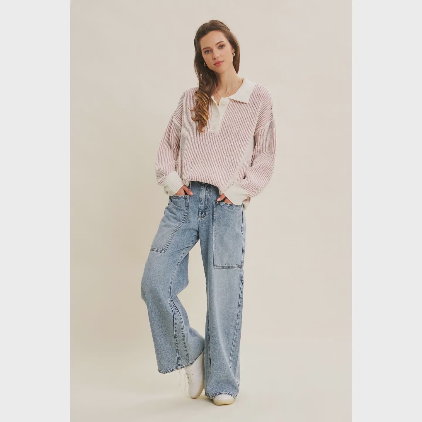 Two-Tone Stripe Henley Sweater - DUSTY PINK